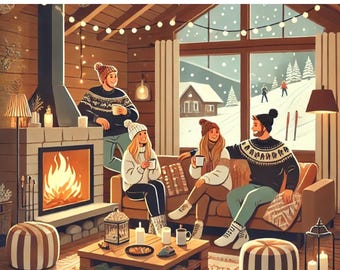 May include: A Murder at the Mountain Chalet murder mystery party set for 6-20 guests featuring an illustration of four people in winter clothing sitting in a cozy cabin with a fireplace, wooden furniture, and a snowy window view.