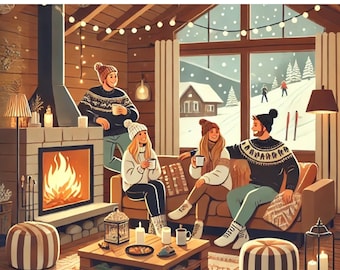 May include: A Murder at the Mountain Chalet murder mystery party set for 6-30 guests. The image shows four people in winter clothing sitting in a cozy cabin with a fireplace, a wooden coffee table, and a large window overlooking a snowy landscape.