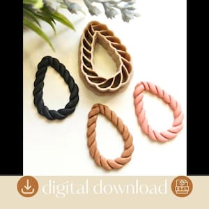 May include: A 3D printed teardrop-shaped cookie cutter in a light tan color, accompanied by three finished teardrop-shaped rope-textured clay pieces in black, tan, and light pink. The image includes a digital download icon and STL file text.