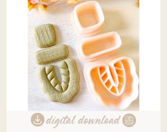 May include: Three light green textured clay shapes alongside three matching pale peach plastic cookie cutters. The shapes include a small square, a rectangle, and a U-shaped piece with internal ridges. The text digital download is visible.