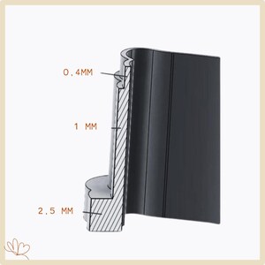 May include: A technical cross-section diagram of a black cylindrical component. The image displays three specific measurements indicated by lines pointing to the structure: 0.4 mm, 1 mm, and 2.5 mm, illustrating the thickness of the object's wall.