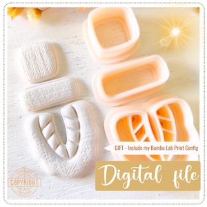 Puede incluir: Una colección de moldes y cortadores de impresión 3D blancos y color melocotón. La imagen incluye varias formas, como cuadrados, rectángulos y un diseño en forma de hoja. El texto en la imagen dice "Digital file" y "GIFT - Include my Bambu Lab Print Config."