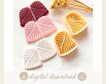 Puede incluir: Un conjunto de seis cortadores de arcilla en forma de abanico en color burdeos, rosa claro, blanco y amarillo, con intrincados patrones de líneas curvas. La imagen incluye un icono de descarga digital y el texto digital download abajo.