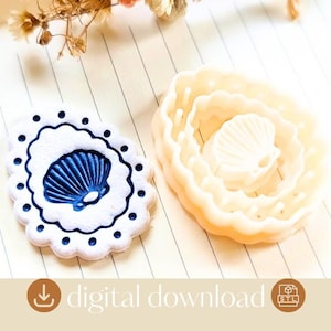 May include: A white oval cookie cutter with a scalloped edge and a central shell design, accompanied by a matching blue and white embossed cookie showing a detailed shell pattern. The text digital download is visible at the bottom of the image.