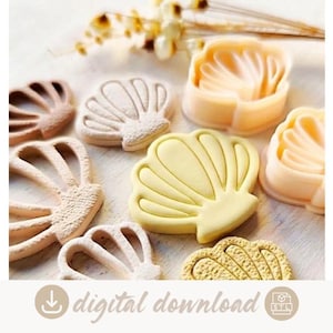 May include: A collection of seashell-shaped cookie cutters and embossed impressions in various shades of yellow, peach, and tan. The set includes open-frame cutters and solid stamps with textured surfaces, designed for creating detailed shell-shaped treats.
