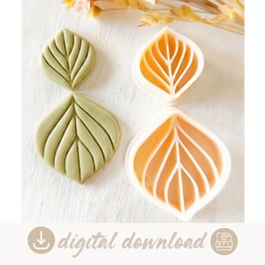May include: Two sage green leaf-shaped clay cutouts with embossed vein details alongside two white plastic leaf-shaped cookie cutters. The image includes a digital download icon and text indicating this is a digital download file for 3D printing.