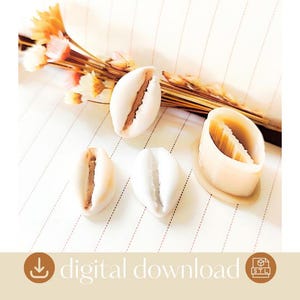 May include: Two white cowrie shell replicas and one oval-shaped plastic cookie cutter with a shell-shaped impression. The items are arranged alongside a small bundle of dried yellow and pink flowers on a lined surface. This is a digital download.