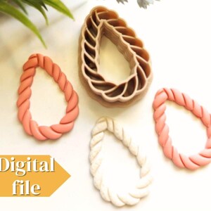 May include: A set of three teardrop-shaped rope-textured clay cutters in tan, along with three finished clay shapes in peach, light pink, and white. A yellow arrow graphic with the text Digital file is positioned in the lower left corner.