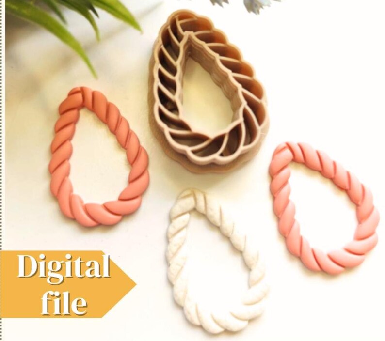May include: A set of three teardrop-shaped rope-textured clay cutters in tan, along with three finished clay shapes in peach, light pink, and white. A yellow arrow graphic with the text Digital file is positioned in the lower left corner.