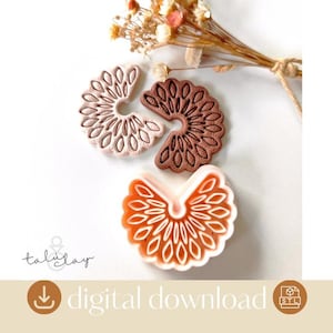 Könnte beinhalten: Drei dekorative, blütenförmige Objekte in Rosa, Braun und Orange. Sie sind auf einer weißen Oberfläche mit getrockneten Blumen im Hintergrund angeordnet. Der Text "digital download" ist sichtbar.