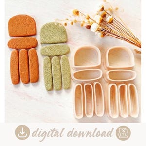 Può includere: Un set di formine per argilla per la creazione di gioielli, che include due set di forme in argilla arancione e verde testurizzate e due set di stampi in plastica beige. Le forme consistono in un semicerchio, un ovale e tre barre verticali. Testo digital download.