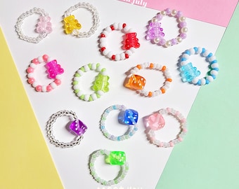 Beaded Rings Gummy Bear Rings | Ring Set | Cute Dice Rings Stretchy Rings Friendship Rings Y2K Rings Stacking Rings Cute Fashion Rings