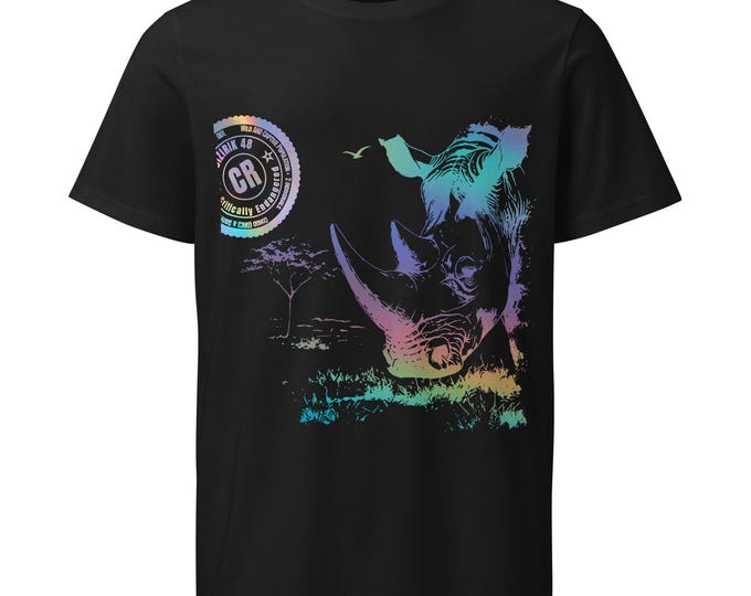 Northern White Rhino Colorful Organic T-Shirt, Endangered Species Graphic Tee, BIZIRIK 48