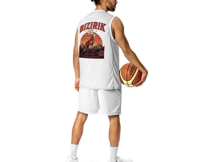 Red Wolf Recycled Basketball Jersey, Wildlife Graphic Jersey, BIZIRIK 48