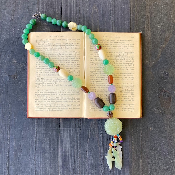Vintage Handmade Jade Bead Necklace with Carved J… - image 2