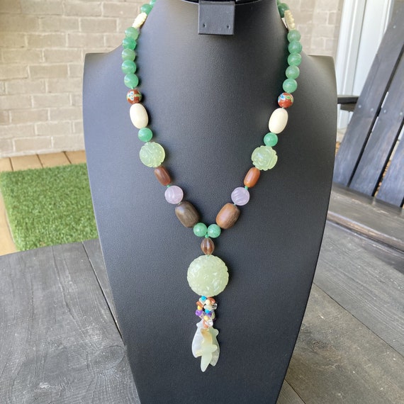 Vintage Handmade Jade Bead Necklace with Carved J… - image 1
