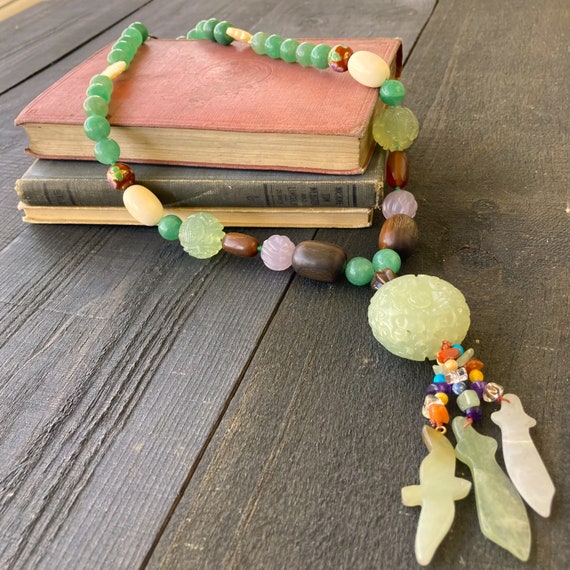 Vintage Handmade Jade Bead Necklace with Carved J… - image 3