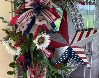 Patriotic Wreath, Old World Patriotic Wreath, White Sunflower Patriotic Wreath, Brick Red Navy Blue Cream Patriotic Wreath
