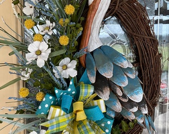 Pelican Wreath, Beach Wreath, Lake House Wreath,  Aqua Beach Decor, Blue Lake House Decor, Tropical Wreath,  Nautical Decor