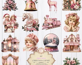 Rosa & Guld Jul Clipart-paket | 60 PNG-bilder (Kommersiellt bruk)