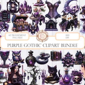 Lila Gothic Clipart-Bundle | 42 Transparente PNG-Bilder | Halloween | Niedliches Witchy | Kommerzielle Nutzung