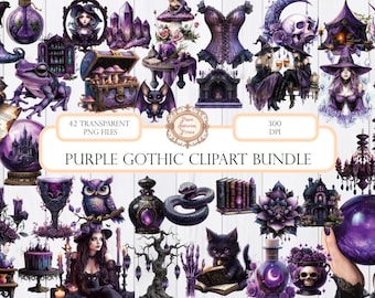Lot de cliparts gothique violet | Images PNG de sorcières d'Halloween