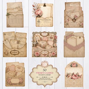 Può includere: Una collezione di effimeri digitali con tasche di carta, buste ed etichette in stile vintage decorate con motivi floreali, disegni in pizzo e tipografia francese. Il set include vari elementi di cancelleria con texture invecchiate e scritte.
