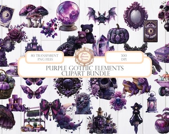 Lot de cliparts gothique violet | 80 images PNG, Halloween, sorcière (usage commercial)