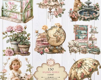 Shabby Roses Large Clipart Bundle | 150 Transparent PNG Images | Shabby Chic | Vintage | Commercial Use