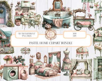 Pastel Home Clipart Bundle | 50 Transparent PNG Images | Shabby Chic | Vintage | Victorian | Commercial Use
