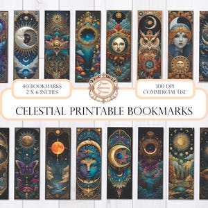 Puede incluir: Un conjunto de 40 marcapáginas imprimibles de temática celestial, cada uno de 5 x 15 cm, con diseños intrincados de lunas, soles y figuras celestiales en tonos azules, dorados y morados. Se muestra el texto "CELESTIAL PRINTABLE BOOKMARKS".
