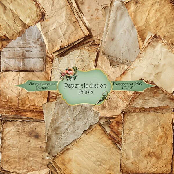 COMMERCIAL USE Vintage Tea Stained Stacked Papers / Distressed Aged Transparent Images / Antique / Scrapbook / Junk Journal / PNG / 11"x8.5"