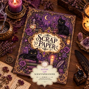 May include: A rectangular scrap paper folder featuring a purple and gold ornate border, two black cats, purple roses, and a castle silhouette. The text reads SCRAP PAPER, GOTHIC CAT, SCRAP PAPER FOLDER, and PRINTABLE COLLECTION FOR YOUR CREATIVE JOURNEY.