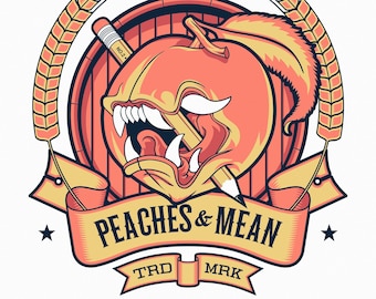 May include: A peach with a pencil sticking out of it, with a banner that says "Peaches & Mean" and the words "TRD MRK" below it. The peach has a fierce expression and sharp teeth. The background is a wooden barrel with wheat stalks on either side.