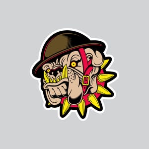 May include: A cartoon bulldog wearing a brown helmet with a red strap and a spiked collar with yellow spikes.