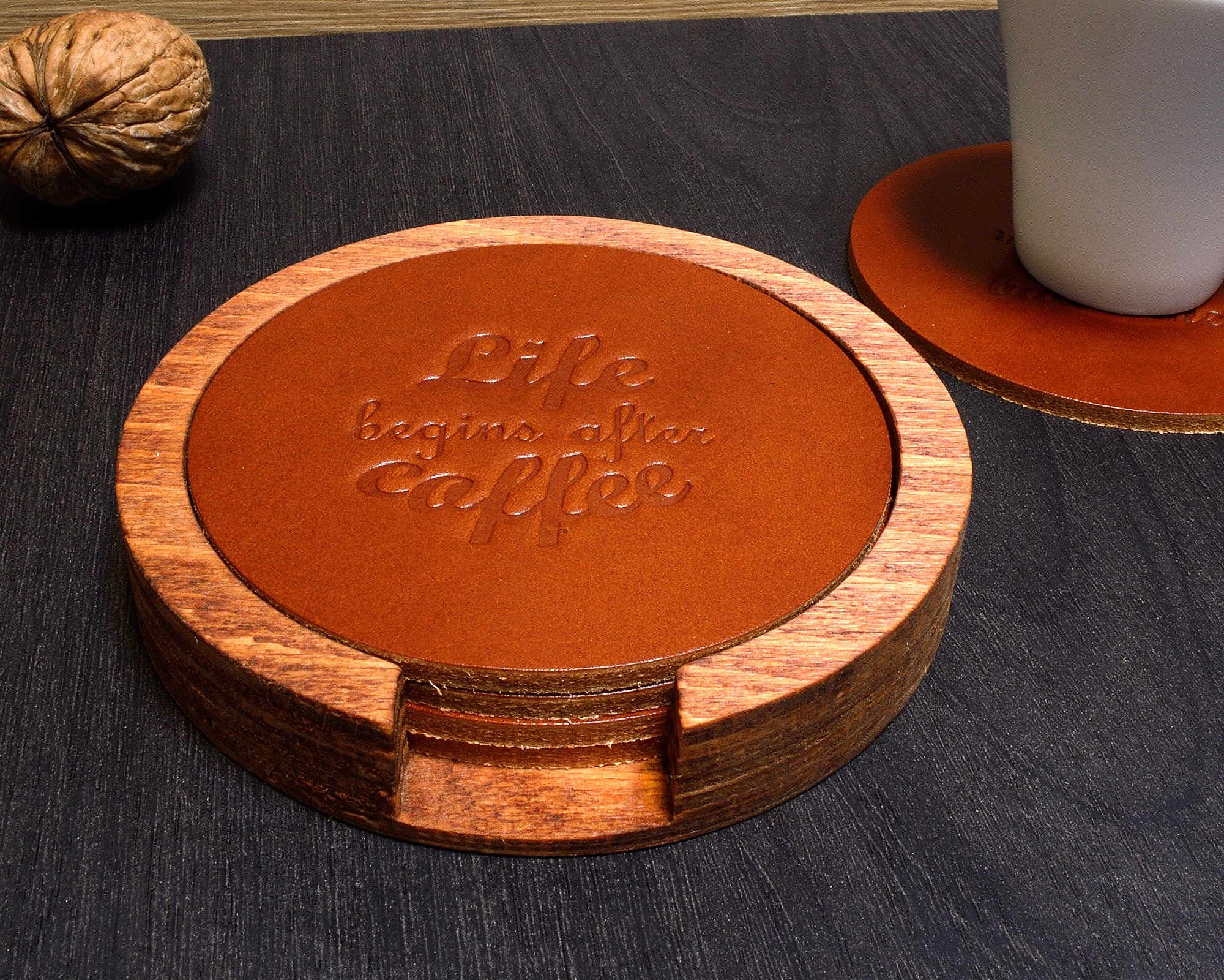 Leather Coasters Set Wooden Holder Full Grain Leather Coasters