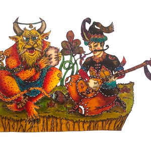 Jeu de Rustems avec le géant , des figures en cuir de Shadow Theatre