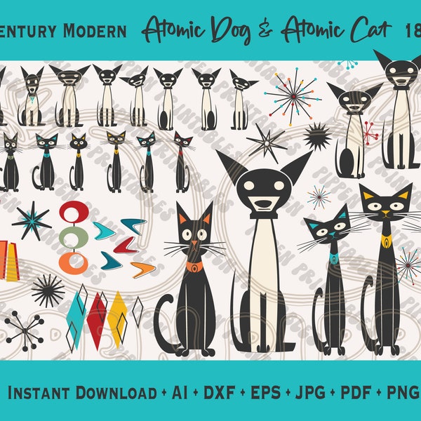 Atomic Dog Cat SVG Clipart Bundle Digital Downloads Retro Mid Century Modern PNG Sublimation Cricut Cut Files 1950s Black Kitty DXF Editable