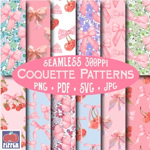 Coquette Patterns PNG SVG Digital Download Cute Girly Pink Bows Ribbons Cherries Flowers Seamless Commercial Use Digital Paper Aesthetic PDF