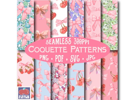 Coquette Patterns PNG SVG Digital Download Cute Girly Pink Bows Ribbons Cherries Flowers Seamless Commercial Use Digital Paper Aesthetic PDF