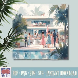 May include: A mid-century modern illustration of a pool party with guests in colourful clothing standing around a table with drinks and snacks. The party is taking place in the backyard of a white house with a swimming pool in the foreground.
