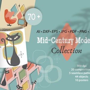 Kit de diseño de mediados de siglo, carteles de la década de 1950, patrones modernos sin costuras de mediados de siglo, documentos digitales de la década de 1950, PNG de mediados de siglo, SVG, 7 formatos, descargar