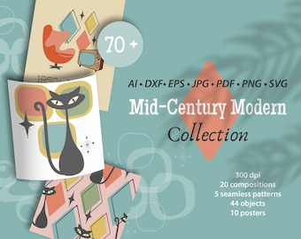 Mid Century Design Kit, 1950er Jahre Poster, Mid Century Modern Nahtlose Muster, 1950er Jahre digitale Papiere, Mid Century PNGs, SVG, 7 Formate, Download