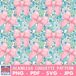 Könnte beinhalten: Ein nahtloses Muster mit rosa Schleifen auf weißem Hintergrund mit blauen und grünen floralen Akzenten. Das Muster ist perfekt für Stoff, Tapete oder digitale Designprojekte.