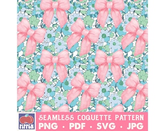 Floral Coquette Pattern Seamless Digital Download Scrapbook Paper Pink Bows Aqua Green Flowers Repeating Fabric PNG SVG Girly Aesthetic Cute
