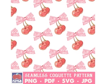Pink Gingham Bow Cherry Pattern PNG Instant Download Digital Coquette Cherries Scrapbook Paper Girly Aesthetic Seamless Repeating Fabric SVG