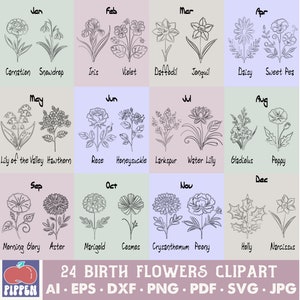 Birth Flowers SVG, Birth Flowers PNG, Birth Month Flowers SVG Bundle,Grandma's Garden Floral Clipart,Cricut Cut Files,Birthday Month Clipart