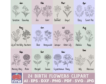 Birth Flowers SVG, Birth Flowers PNG, Birth Month Flowers SVG Bundle,Grandma's Garden Floral Clipart,Cricut Cut Files,Birthday Month Clipart