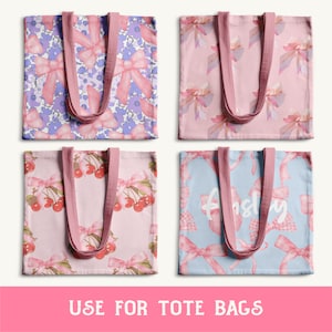 May include: Four tote bags with different pink and blue patterns featuring bows, cherries, and gingham. The text "Ashley" is printed on one of the bags.
