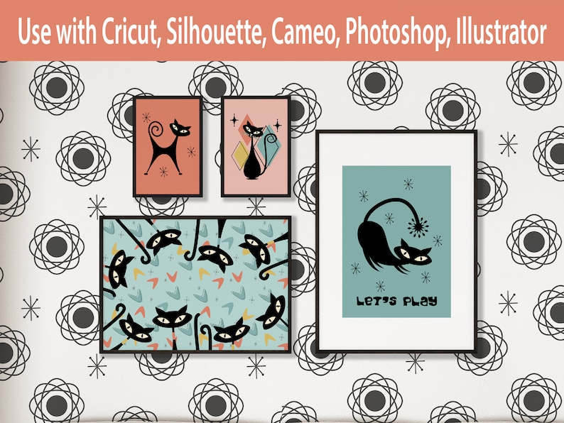 K&ouml;nnte beinhalten: Drei digitale Drucke mit einem Retro-Design eines schwarzen Katers. Der erste Druck zeigt eine schwarze Katze mit einem Schwanz, der sich zu einem Kreis auf einem Pfirsichhintergrund zusammenrollt. Der zweite Druck zeigt eine schwarze Katze mit einem Schwanz, der sich zu einem Kreis auf einem rosafarbenen Hintergrund mit einem Diamantenmuster zusammenrollt. Der dritte Druck zeigt eine schwarze Katze mit einem Schwanz, der sich zu einem Kreis auf einem hellblauen Hintergrund zusammenrollt, mit dem Text "Let's Play".